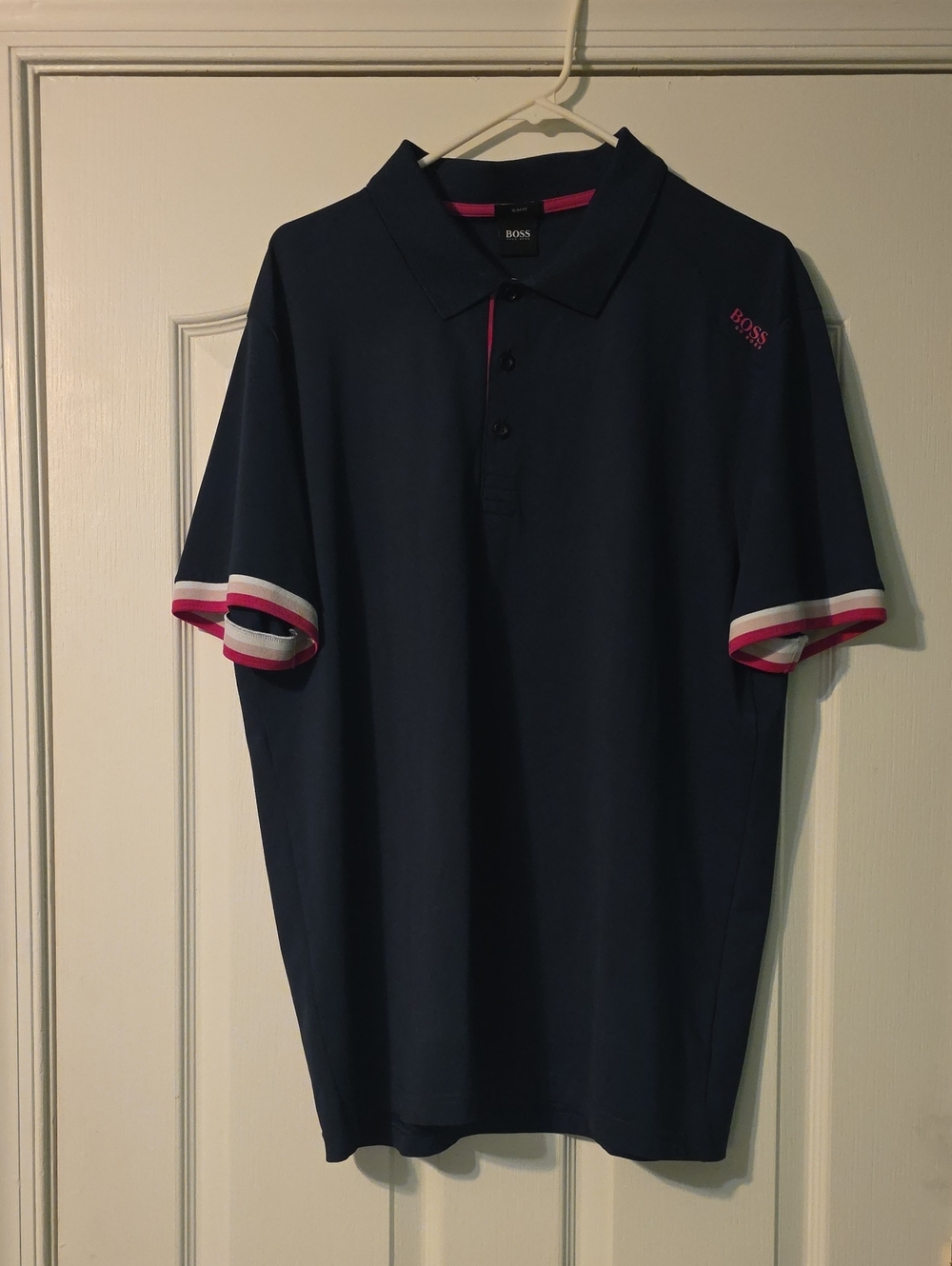 BOSS Navy Polo with Pink and White Sleeve Trim